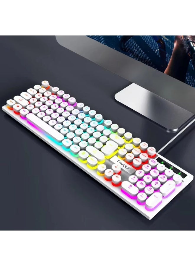 T-WOLF T80 GAMING WIRED KEYBOARD Light-emitting game office punk retro round keycap ( WHITE ) - Image 1